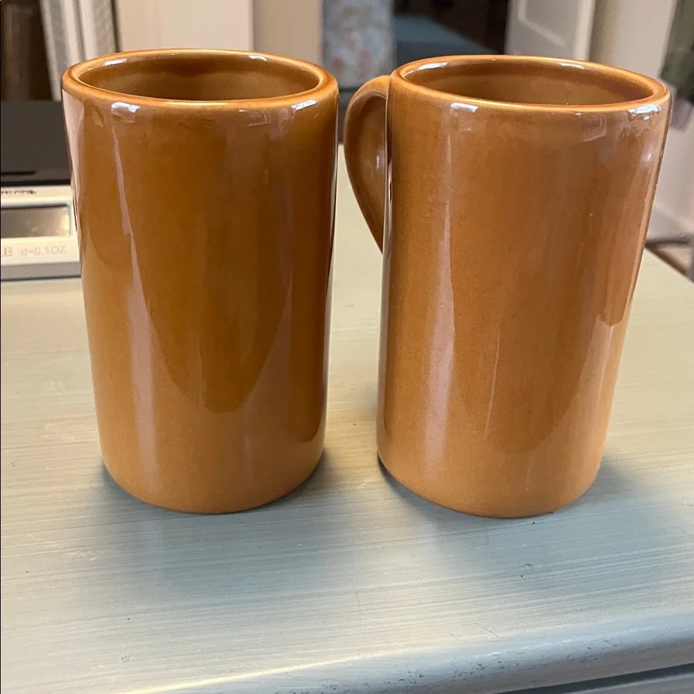 2 Pottery Barn Studio tall coffee mugs Ceramic caramel 12 oz